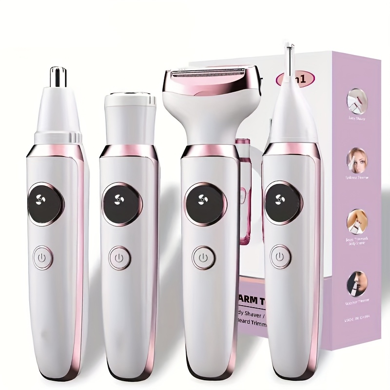 E-shop MIGUAN 4-in-1 Damen Trimmer: USB-in-Körperhaar-, Nasenhaar-, Augenbrauen- & Rasierer mit Digitaldisplay, austauschbare Bürstenaufsätze –