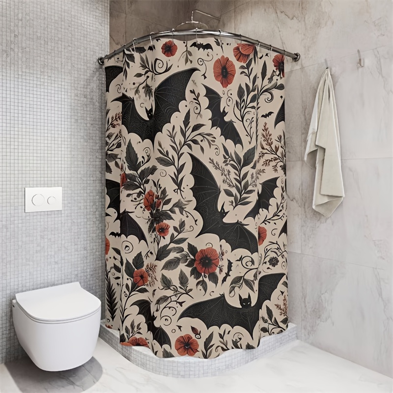 

Gothic & Bat Print Shower Curtain With 12 Hooks - Waterproof Polyester, Machine Washable, Halloween Decor