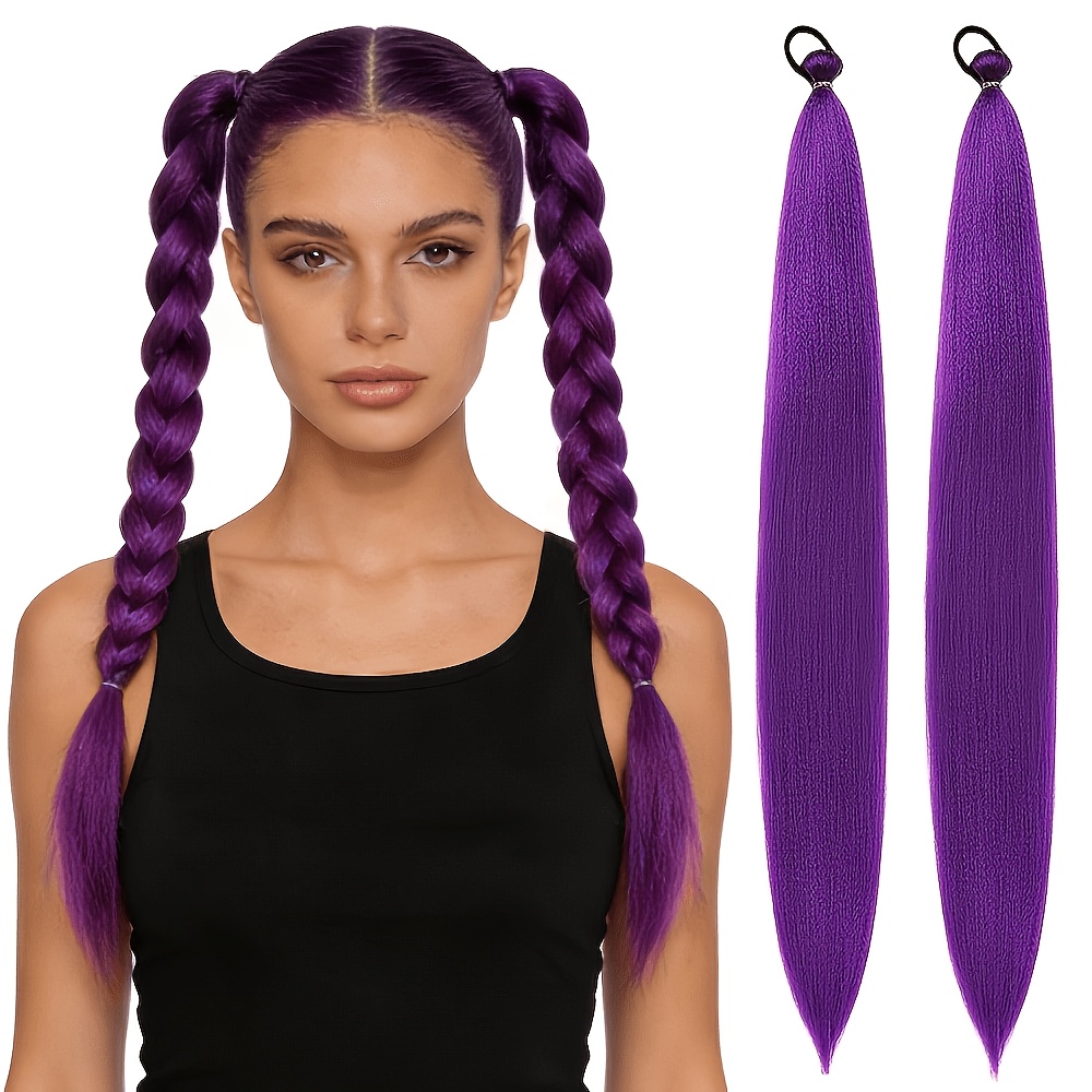 Image of Colored Ponytail Extension Braid Hairpieces Pony Tail Hair Extensions For Adults Women Rave Purple Ponytail Hair Extension With Elastic Tie 22inch Music Festival Proformance Stage Use
