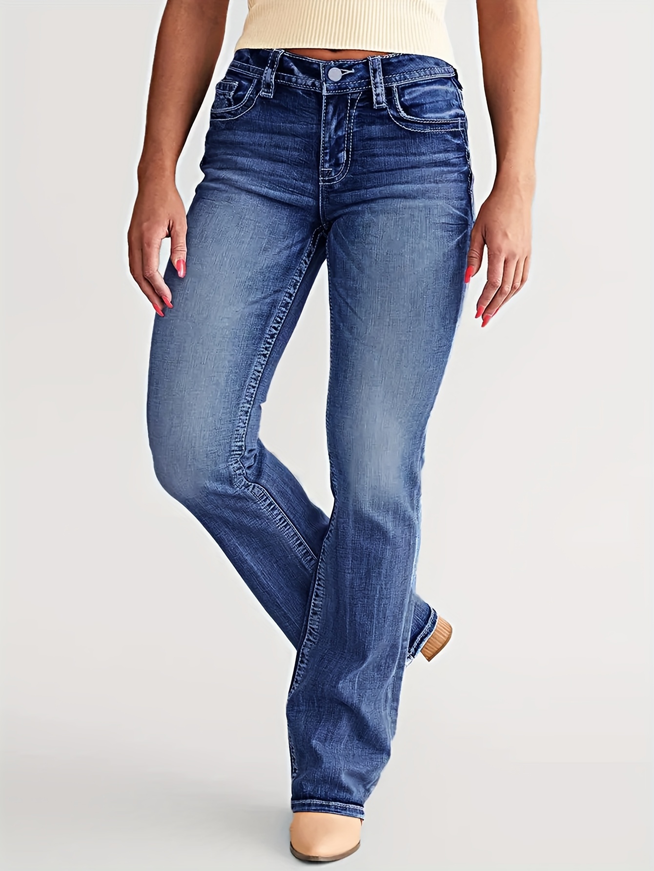 Women's Elegant Stretch Bootcut Jeans - Slimming Light Blue Denim with Classic Five-Pocket Design, Mid-Rise, Machine Washable