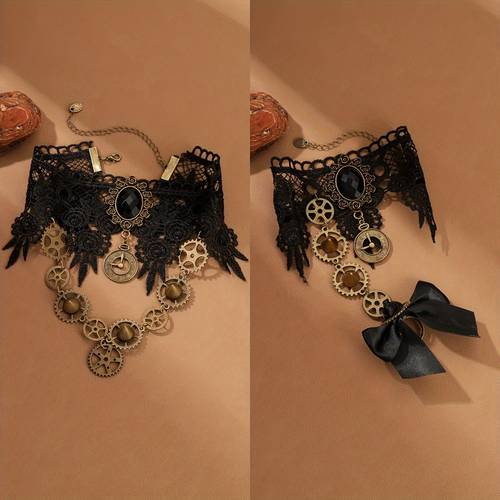 2 pcs steampunk choker necklace bracelet jewelry set vintage lace with bow bracelet with ring halloween costume accessory
