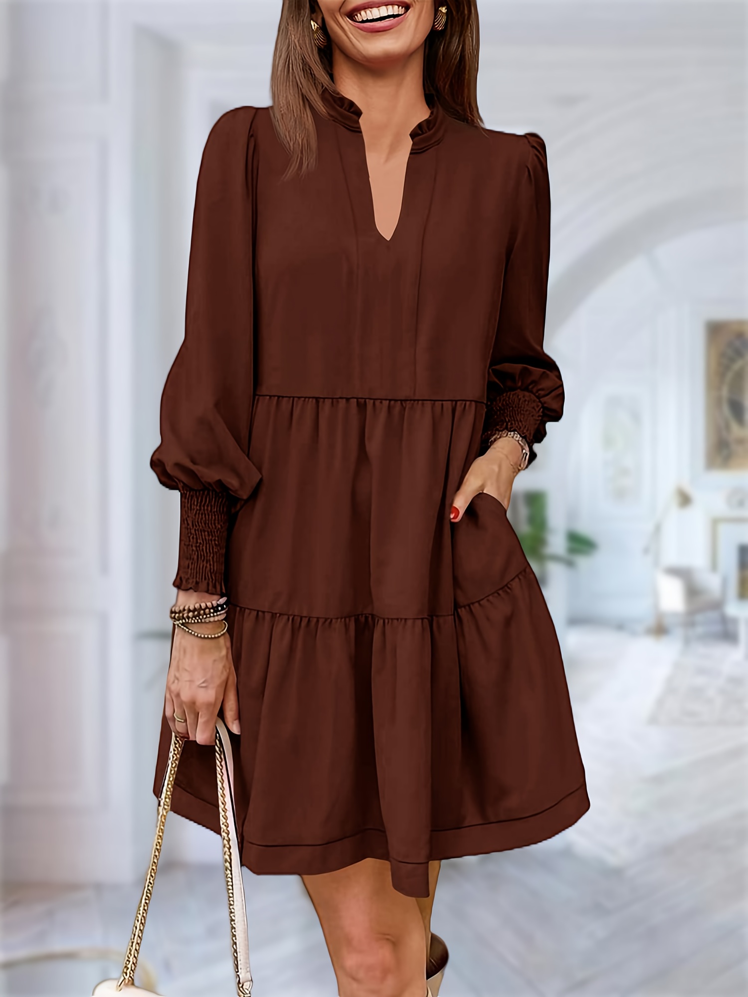 Robe Tunique Femme Décontractée Manches Longues - Col V - Fluide Et Confortable - Pour Printemps/automne