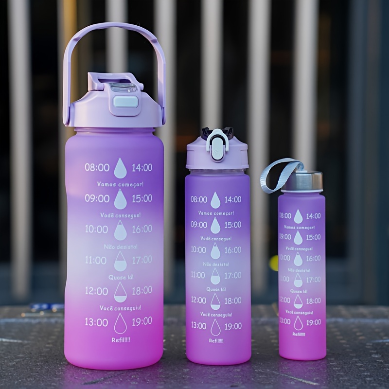 

3pcs Gradient Color Water Bottles With Time Marker & Straw, Leakproof Sports Bottle, Portable For Camping, Gym, School, Office, 2000ml/64oz + 900ml/30oz + 500ml/15oz, Durable Pc Material