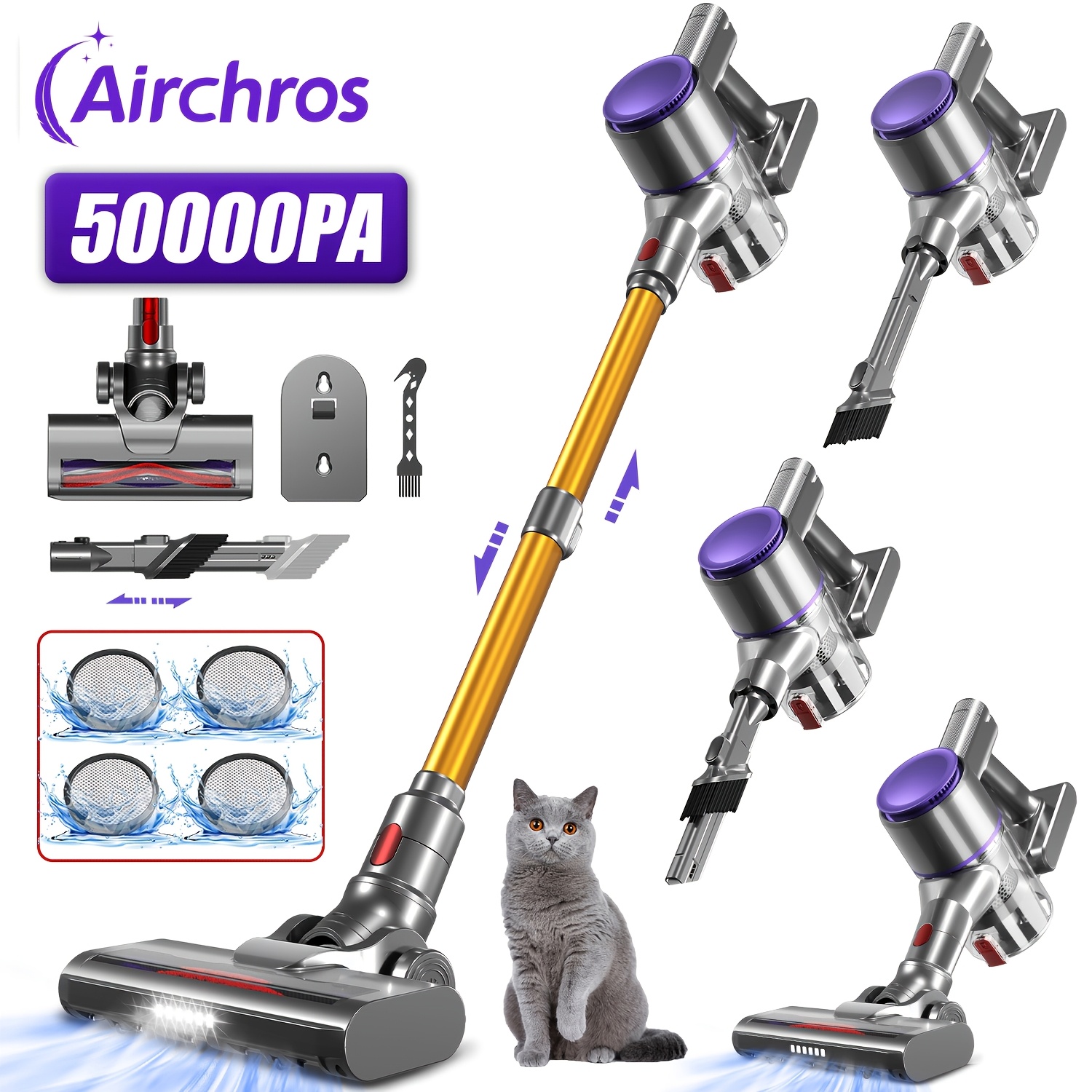 Image of Airchros Cordless Vacuum Cleaner, 50000pa/61000pa/72000pa With Led Display, 70-minute , Cordless Vacuum Cleaner With 3 Hepa Filters, Suitable For Cleaning Computers, Pet Hair, And Carpets.