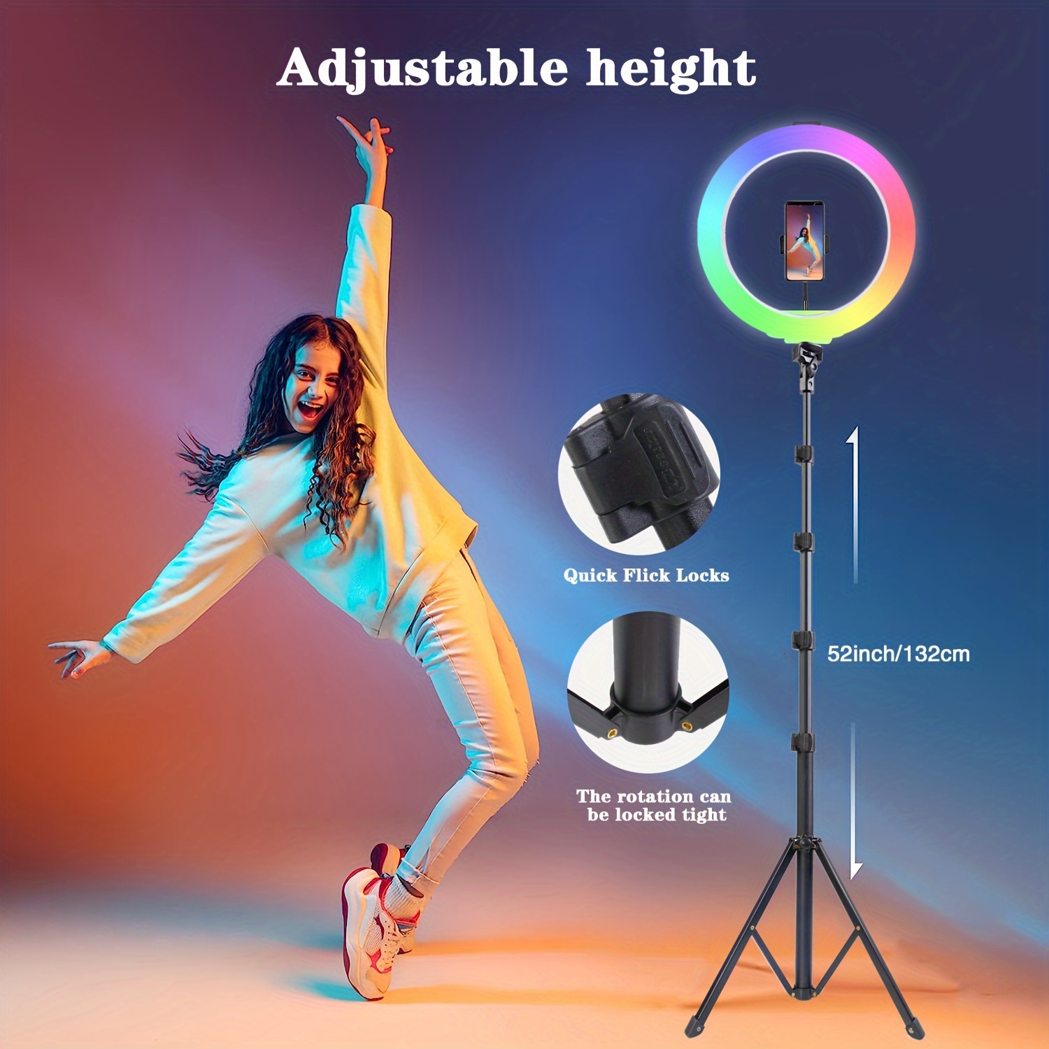Anillo de luz de 10 pulgadas con soporte de trípode y soporte para  teléfono, anillo de luz RGB para selfie con soporte de 59 pulgadas y  soporte de