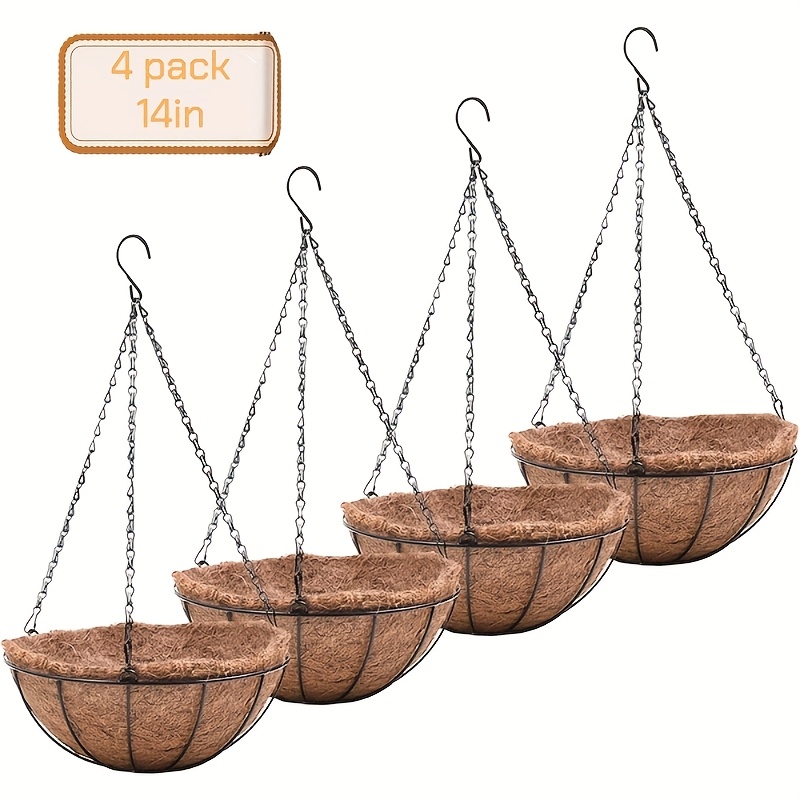 4  hanging planters basket with coco coir liner 14 inch round wire plant holder porch decor flower pot hanger garden decor watering hanging baskets for indoor outdoor