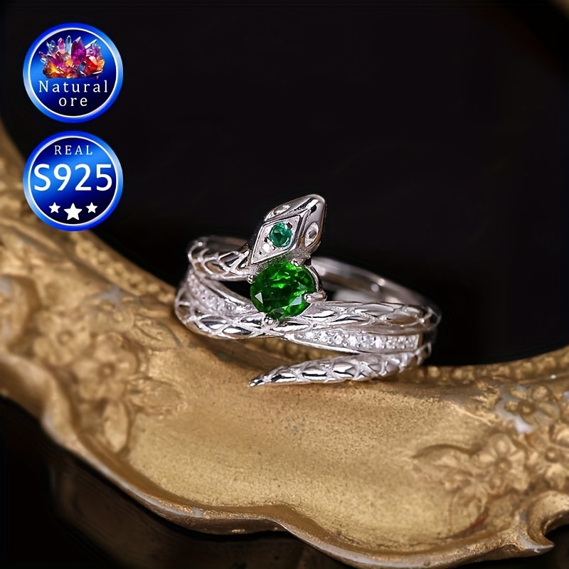 S925 Silver Adjustable Green Gemstone Ring