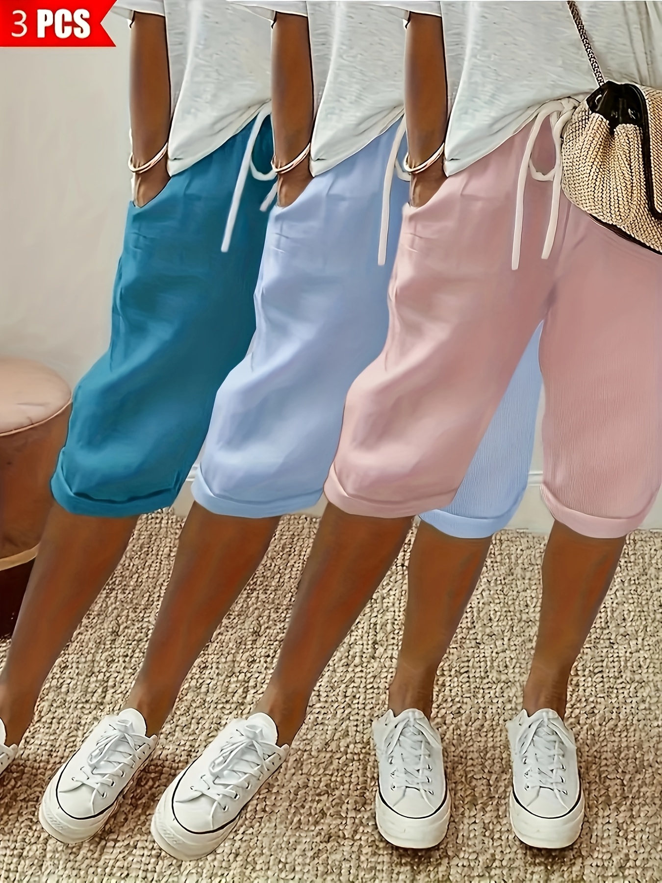 new mixed   of   womens cropped pants with elastic waistband diagonal side pockets and   drawstring
