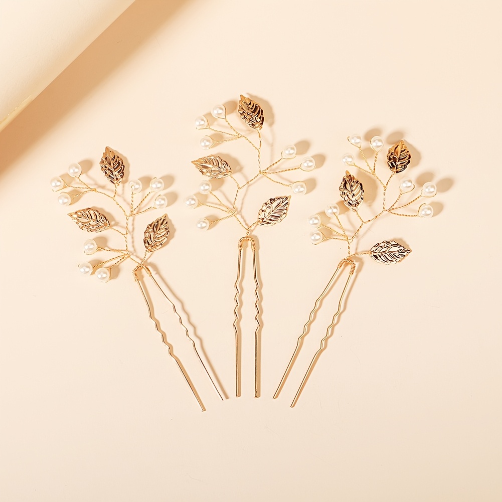 3er-Set minimalistische goldene Blätter & Haarspangen mit Imitationsperlen, handgefertigte Braut-Haarschmuck,…: retailer-supplied image
