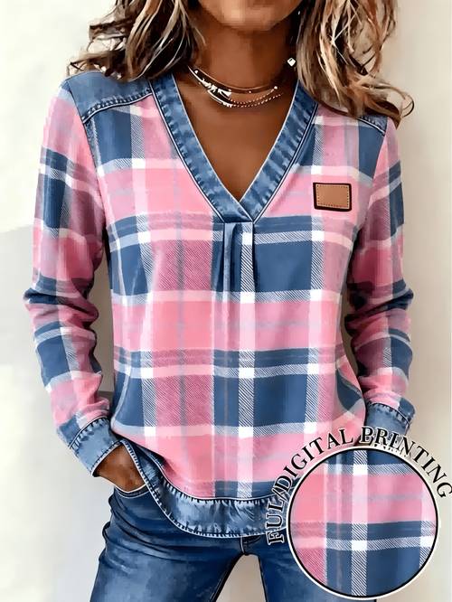 plus size printed pants not denim size printed top non denim fabric a autumn womens v neck long sleeve top featuring a color pattern with an imitation denim patch print design