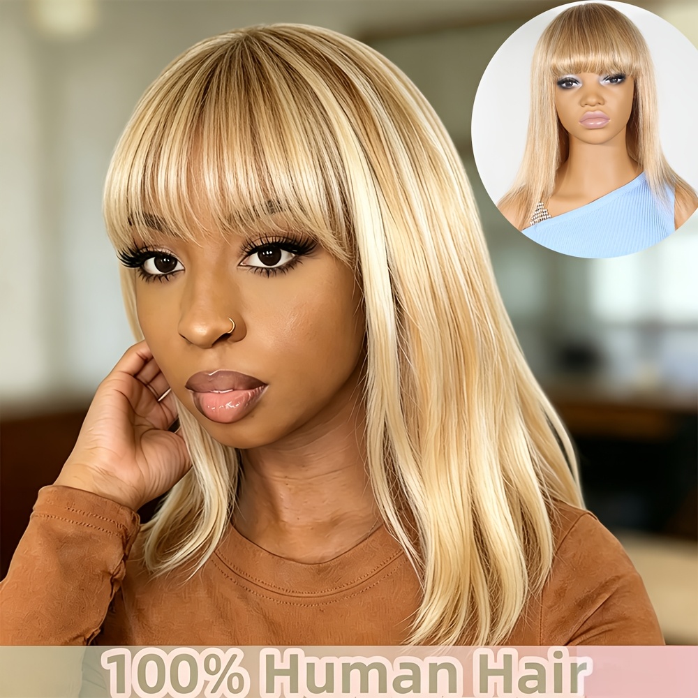 TEMU Human Hair Wig Suitable For Women With Bangs & Glueless Instant Wear - Straight Hair Density Wig, Machine- Thin Hair Coverage, #12p613 Color,