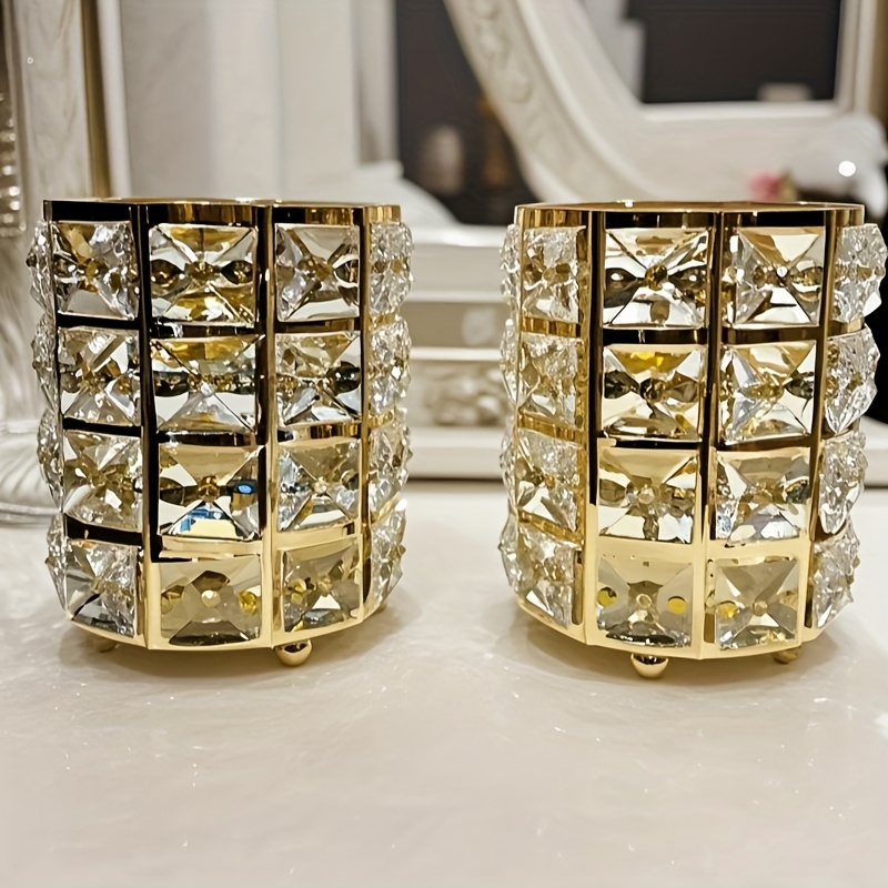 2pcs Multifunctional Cosmetic Organizer, Golden Or Silvery Crystal Acrylic Makeup Brush Holder, Nail Polish Storage, Elegant Desk Decor
