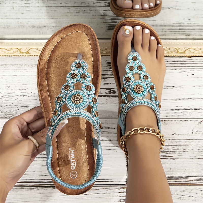 Image of Women's Floral Rhinestone Toe-post Flat Sandals, Sparkling Open-toe Elastic Band Slippers, Bohemian Style Beach Travel Shoes, Women Shoes