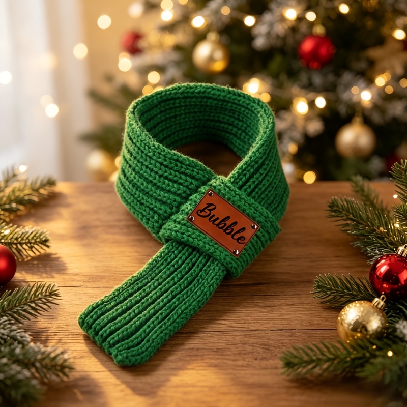 TEMU Personalized Custom Pet Knit Scarf With Leather Engraved Nameplate, Soft And Thick Pet Scarf, Adjustable Small Winter Neck Warmer, Christmas Pet
