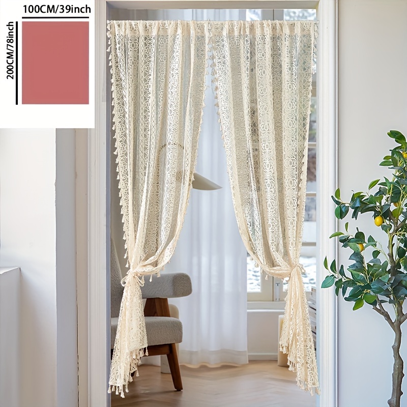 Image of 2pcs Elegant Beige Lace Curtains - Bohemian Style, Semi-transparent Polyester With Intricate Floral Patterns, French , Bohemian Room Accent|elegant |durable Lace Curtains, Curtains For Living Room