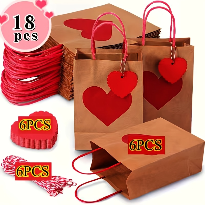 Image of 18pcs (includes 6 Love Cards And 6 Ropes And 6 Bags) Heart-shaped Paper Gift Bags With Tags And Rope - Suitable For Valentine's Day, Mother's Day, Birthdays, Etc