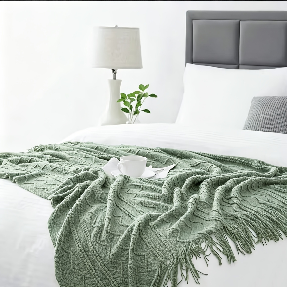TEMU Throw Blanket, Chevron Wave Textured Tassel Blanket, Soft Cozy Decorative Blanket For Couch Bed Sofa, Home Decor