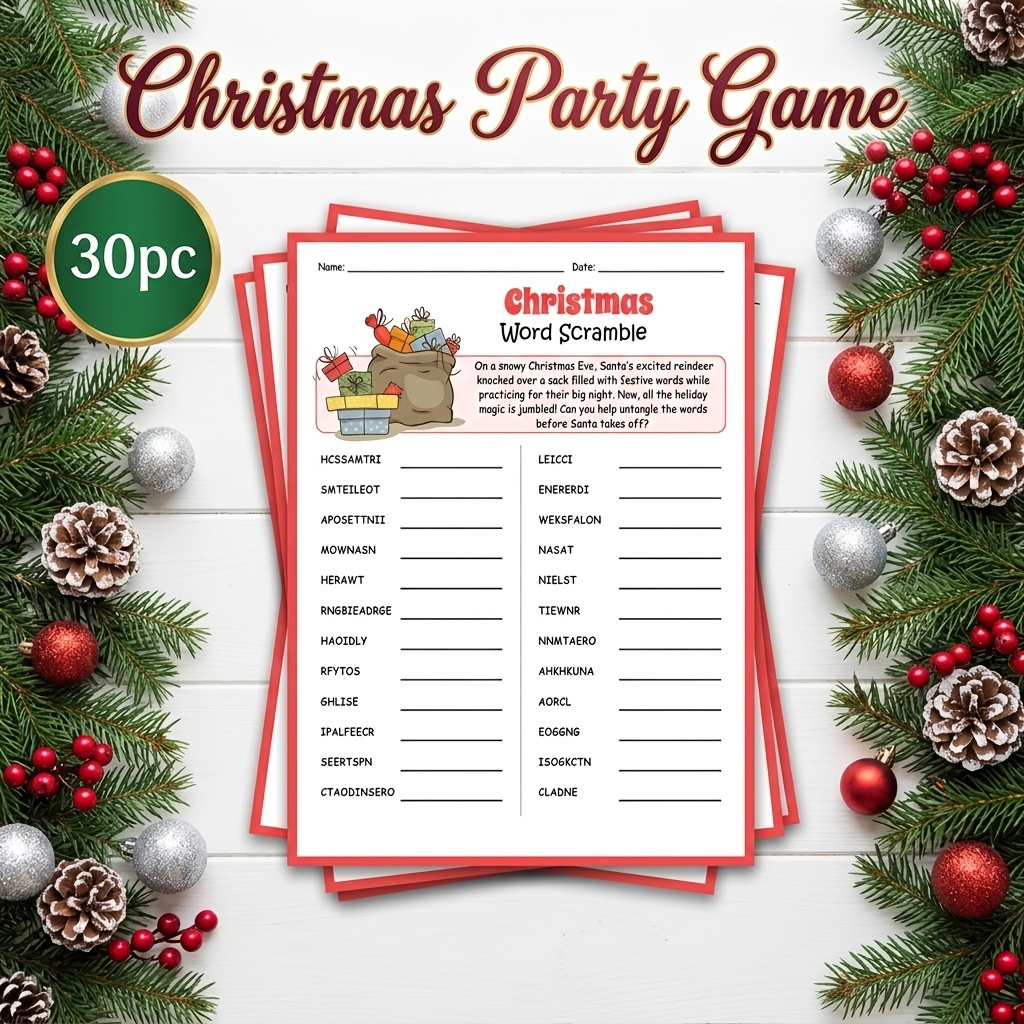 Christmas Word Scramble Game Cards, 1pc/20pcs/30pcs