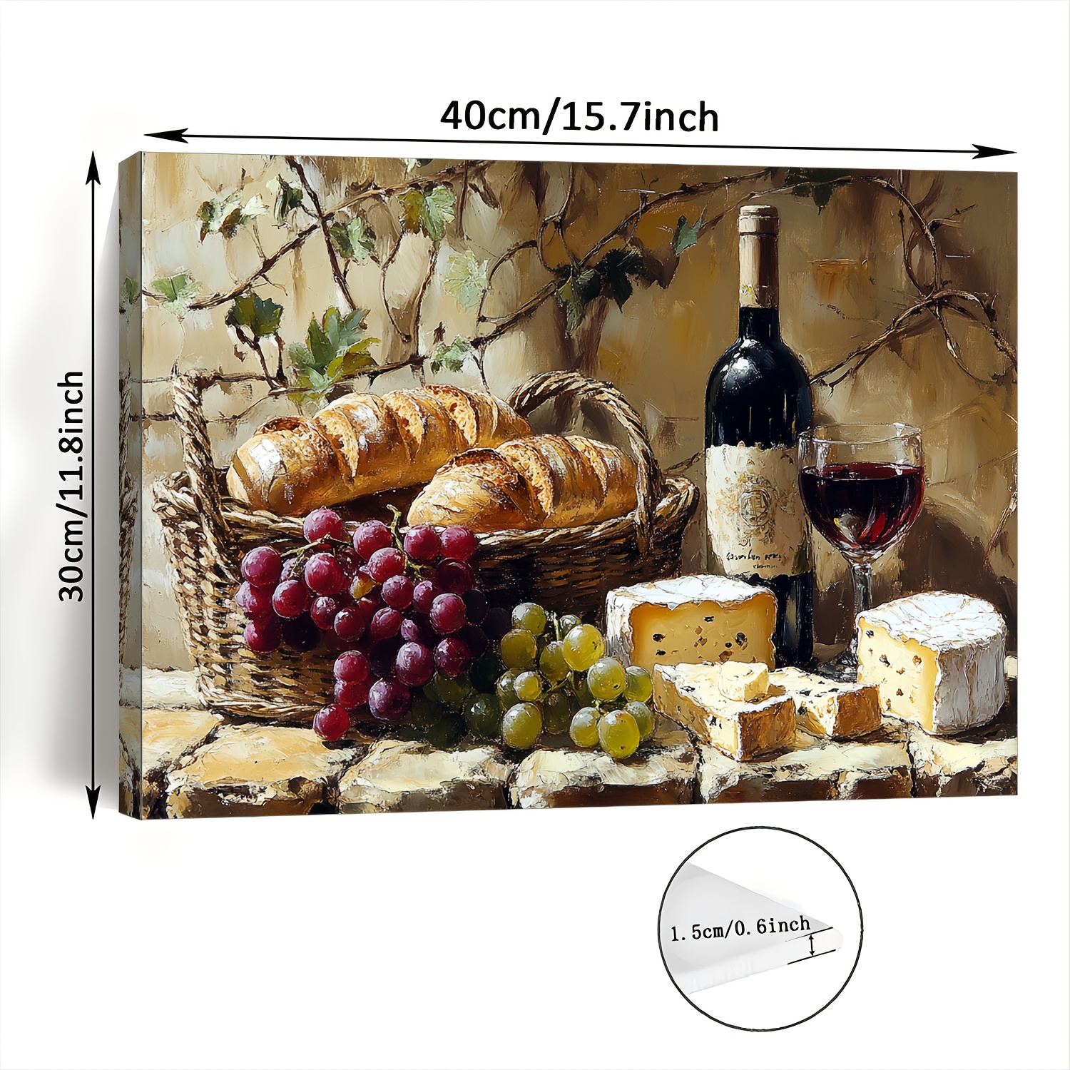 TEMU 2d Flat, 2d Flat, 1pc Canvas Art With A Wooden Frame Featuring Grapes, Bread, Wine Glasses, And A Bottle On A Table, Suitable For Decorating
