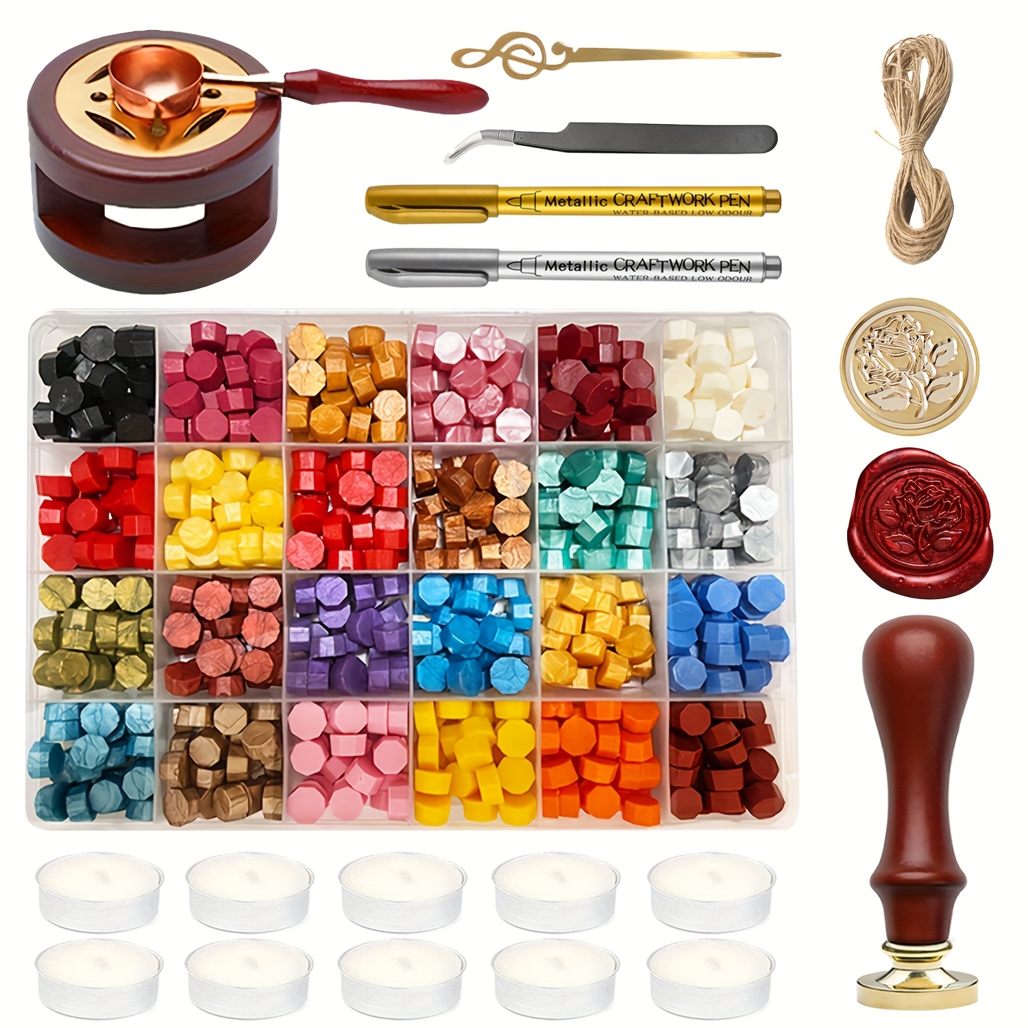 Image of Wax Molding Materials Wax Seal Stamp Kit, 600pcs Wax Seal Beads, Wax Stamps, Sealing Wax Warmer, Spoon, Tweeers, Stir Pin, Metallic Pens, Candles, Wax Seal Kit For Craft Gift, Envelopes, , Cards