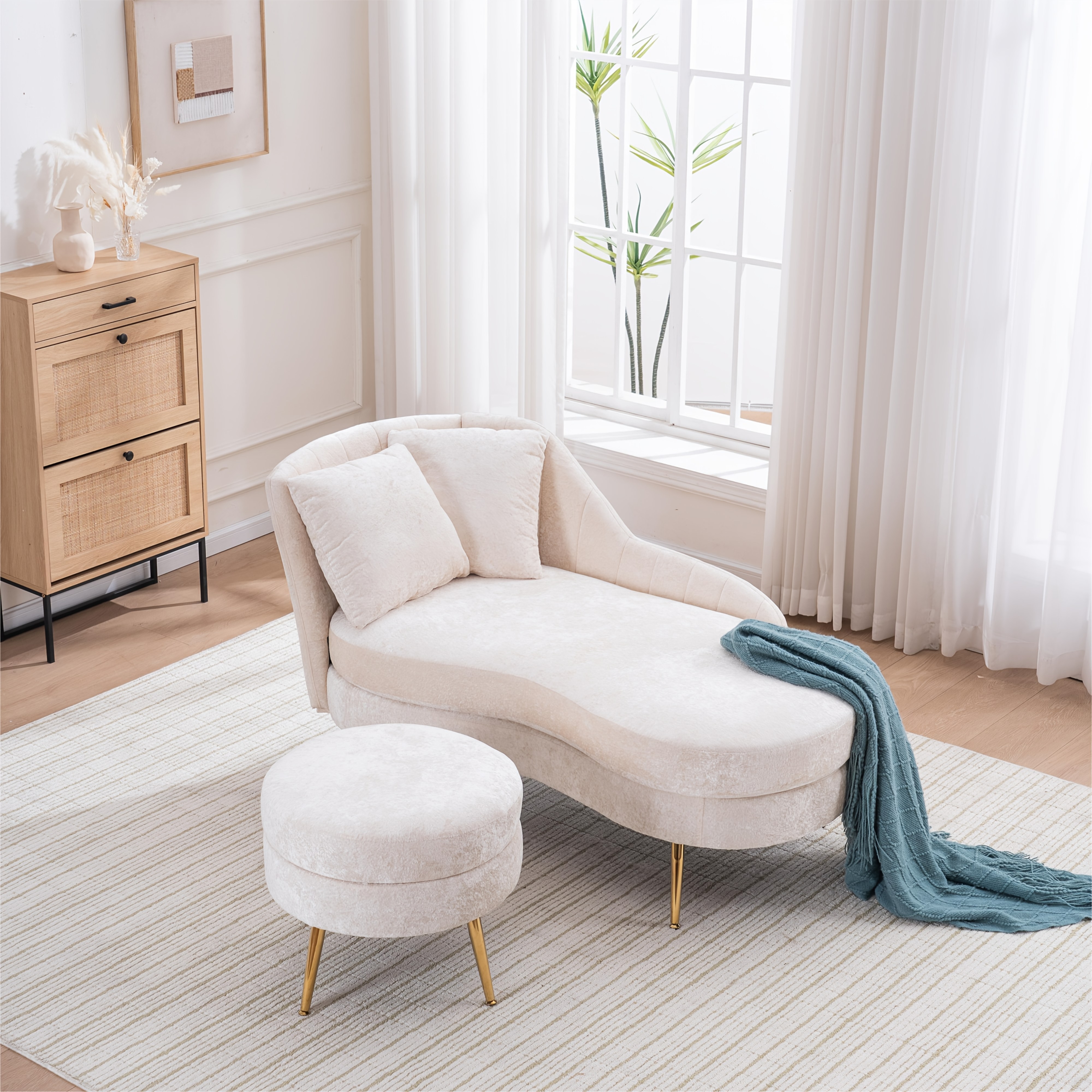 58'' Indoor Chenille Chair with Left Armrest And Lumbar Pillow Upholstered Furniture Lounge Chair, Lounge Sofa for Living Room Bedroom Office with Footstool.