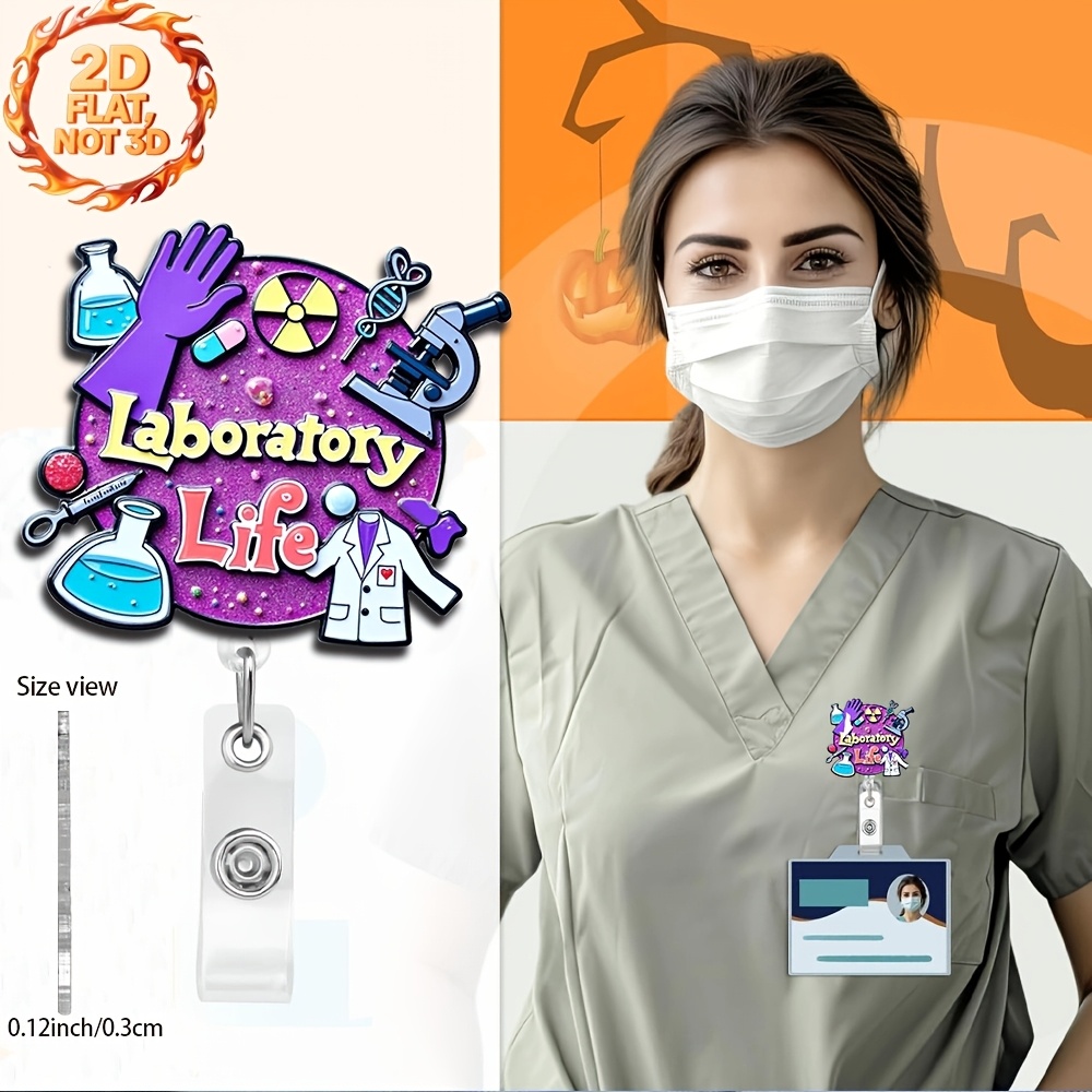 TEMU 2d 1pc 2d Flat Retractable Badge Reel Accessory Cute And Fun Acrylic Id Badge Holder With Clip Laboratory Design For Nurse Doctor Halloween Gift
