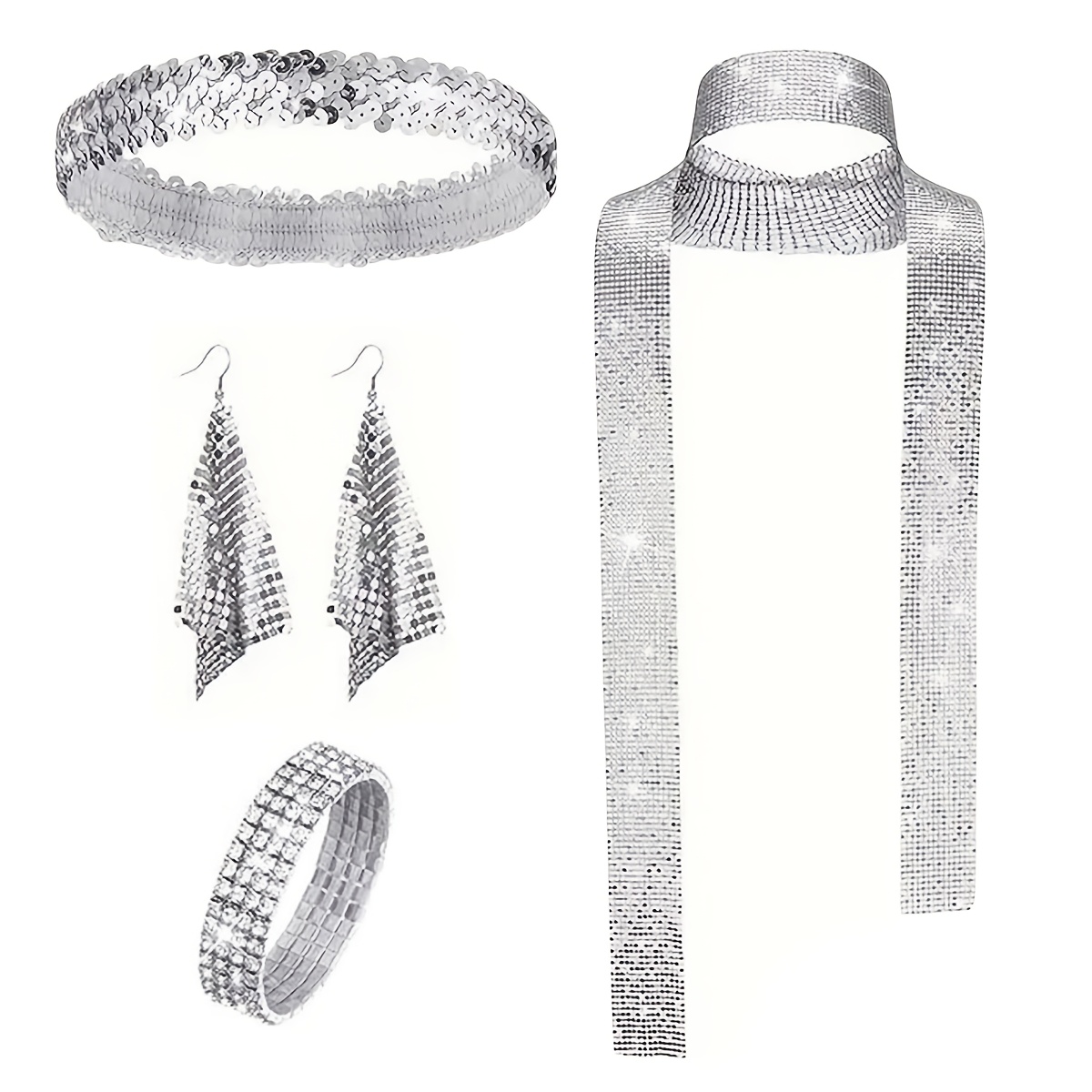 TEMU 4pcs 70s Disco Style Accessory Set: Sequin Headband, Earrings, Rhinestone Scarf, Bracelet