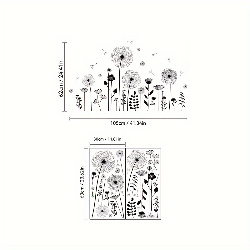 Image of 2pcs Modern Black Dandelion Wall Decals, Polyvinyl Chloride Self-adhesive Floral Stickers For Bedroom And Living Room, Detachable Flower Patterns, Single Use