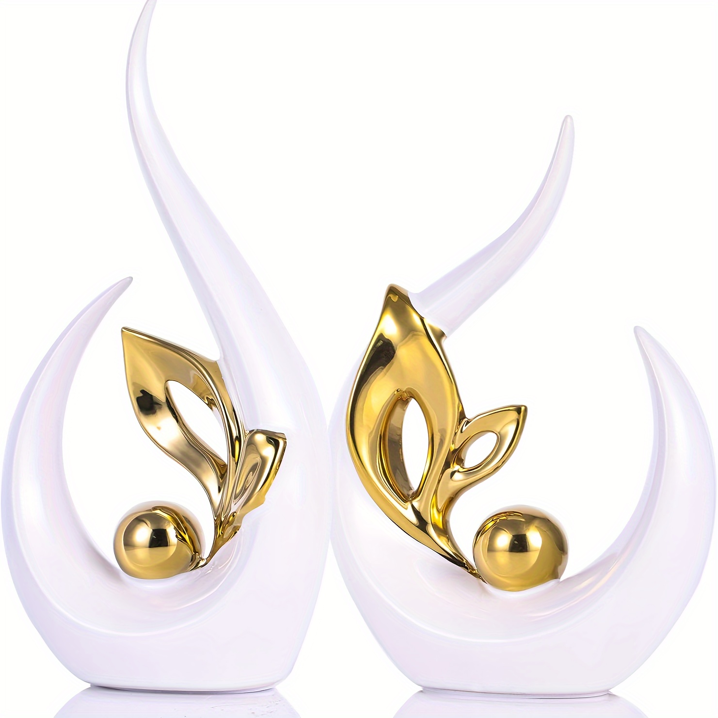Image of 2pcs Modern Abstract Resin Sculptures - White & Golden Accents, Design For Thanksgiving, Christmas, Halloween, Hanukkah, Easter, Easter Decor - Elegant Tabletop Decor For Living Room, Bedroom, Office