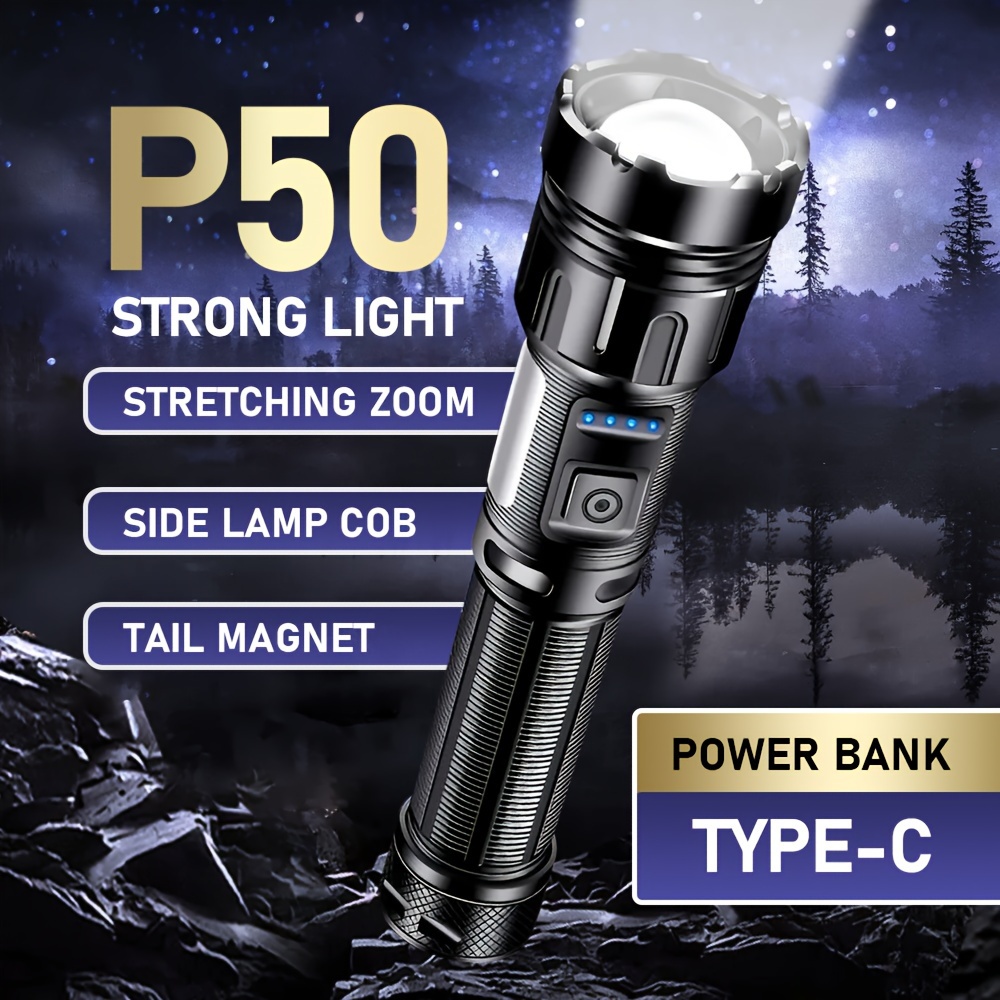 

1pc Rechargeable Led Flashlight, High Brightness P50+cob Torch With 7 Light Modes, Side Lamp, Tail Magnet, Power Bank Function, Stretching Zoom, For Emergency, Camping Equipment, Hiking, Outdoor Use
