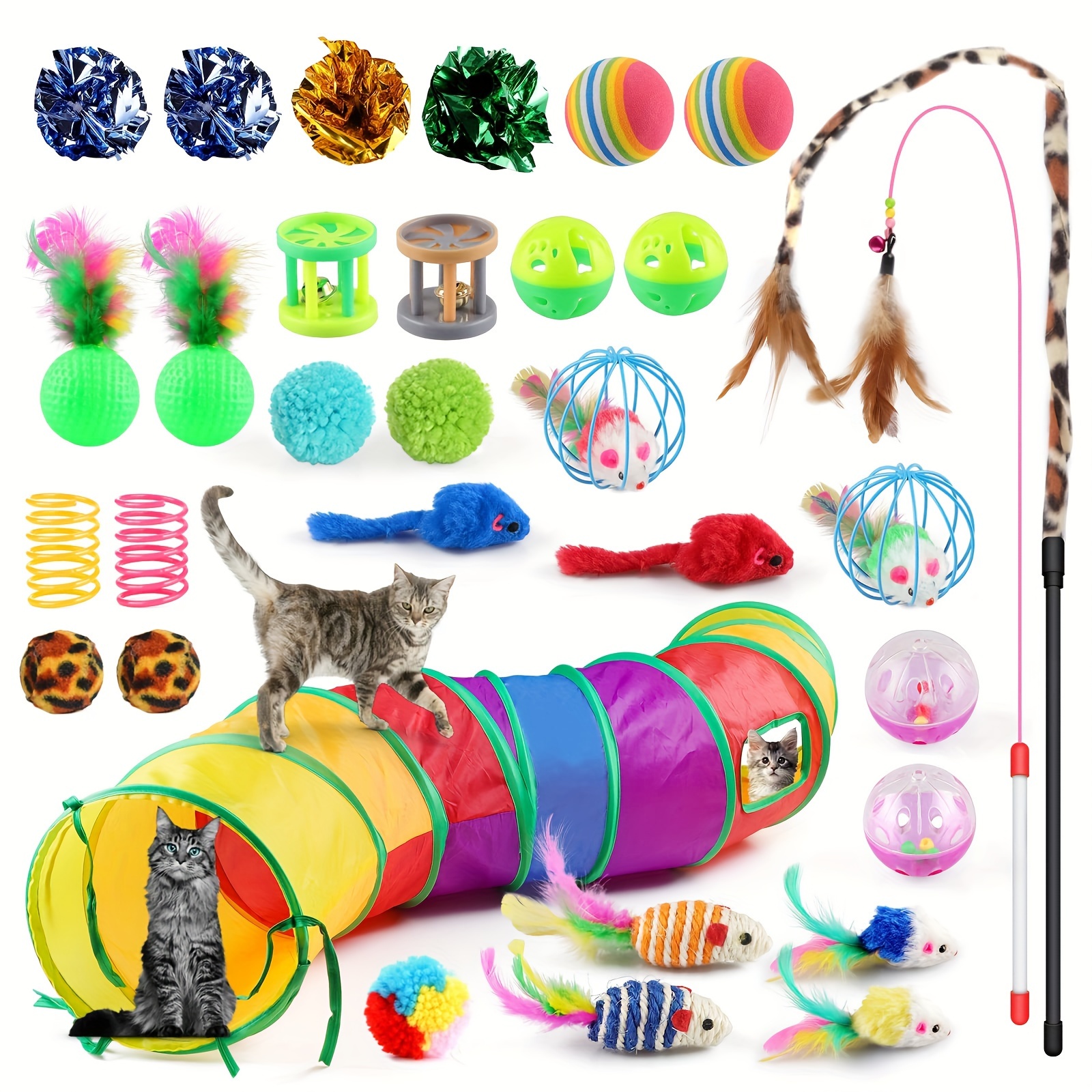 

Cat Toys Set, 32pcs/set Kitten Toys Assortments, Including 2 Way Rainbow Tunnel, Cat Feather Teaser Wand, Sisal Mice Bell Balls, Crinkle Balls Interactive Cat Toys For Indoor Cats Kitten