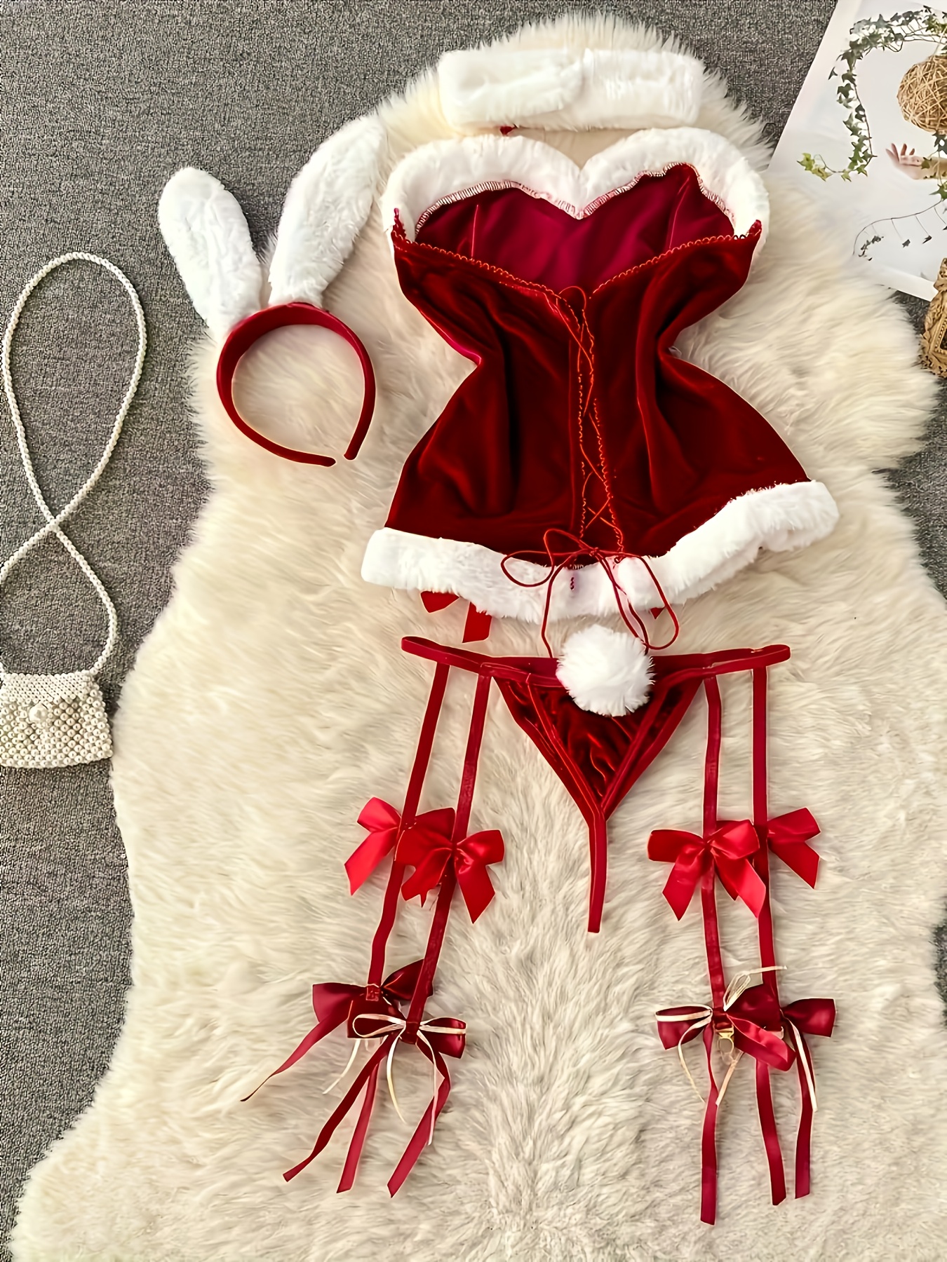 womens   santa claus costume elegant red lingerie set with   collar elastic waistband bow detail   christmas parties santa claus costume for women christmas party outfit festive attire   design Product details 0