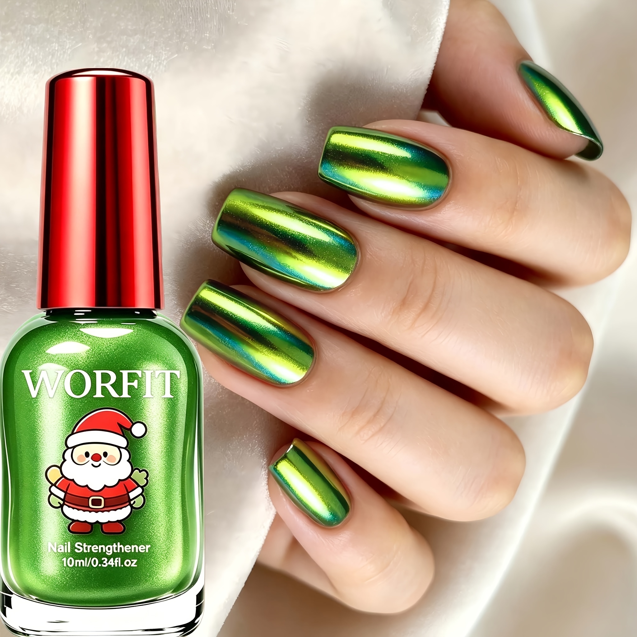 Image of Worfit Metallic Nail Strengthener 10ml, Dry No Lamp, High Gloss Metallic Finish, Cute Santa Cartoon Bottle, Christmas Holiday Nail Art For Party & Daily