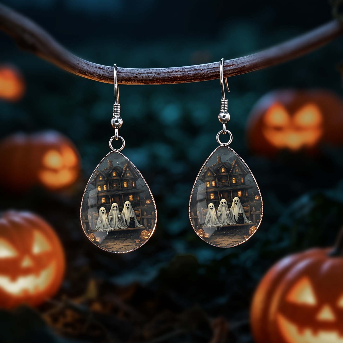 Halloween Ghost Black Cat Pattern Teardrop Earrings