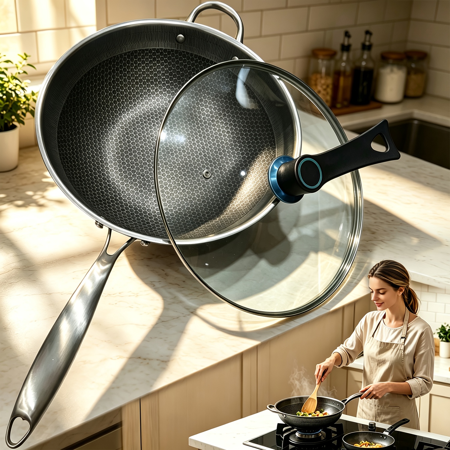 TEMU Pokepic 13.27" Food Grade 304 Stainless Steel Honeycomb Wok, Full Honeycomb Surface Flat Bottom Stir-fry Pan, Heat Distribution, Scratch