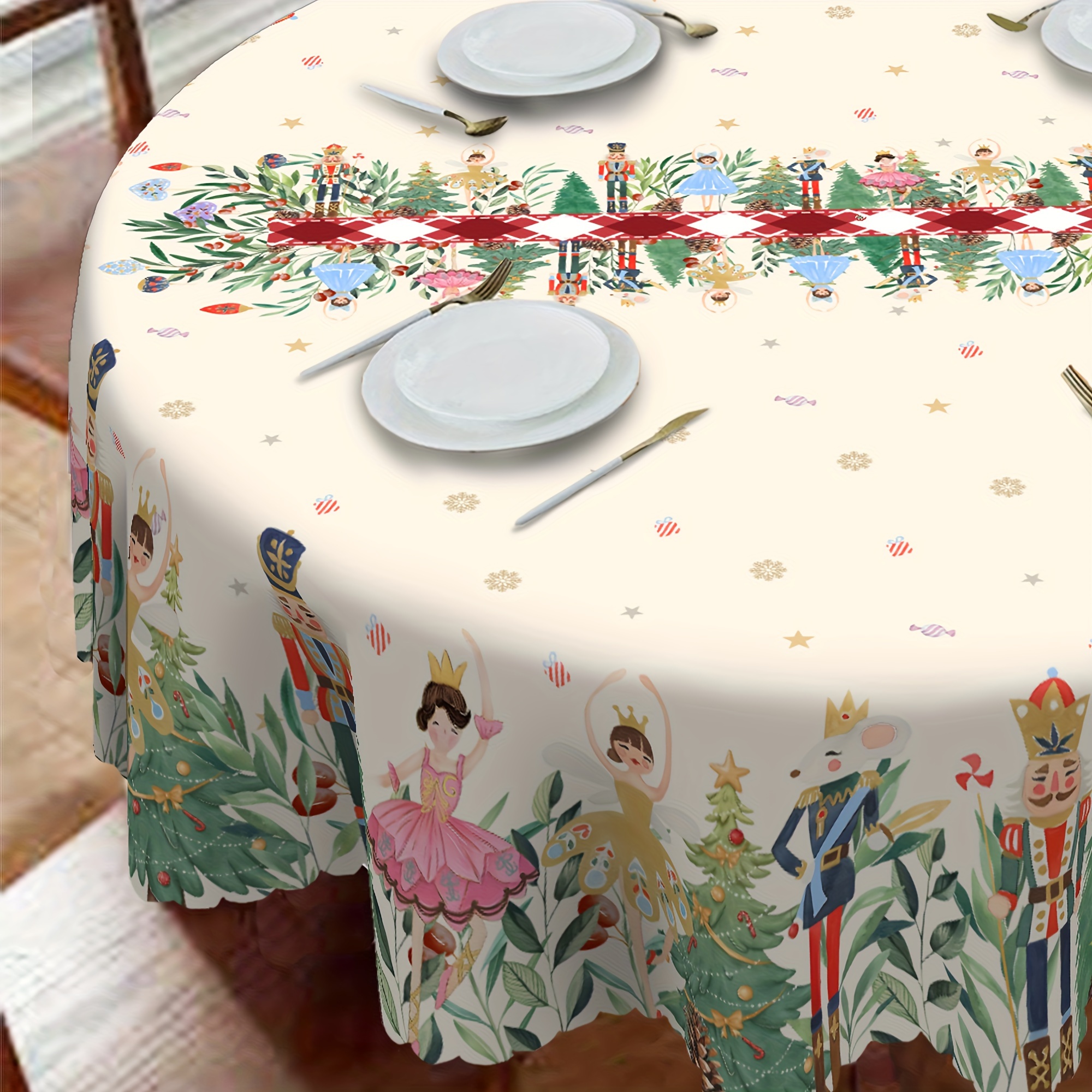 

Nutcracker & Holly Christmas Tablecloth - Stain & Water Resistant Polyester, Indoor/outdoor Dining, Round Or Rectangular Shape, Christmas Decor