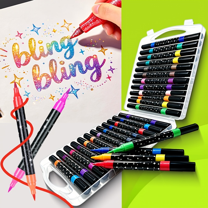 TEMU 48 Colors Professional Dual Tip Glitter Pen Set, Glitter Markers, Quick Dry Ink - Fine Tip To Bottom, For Scrapbooking, Card Making, Journaling,