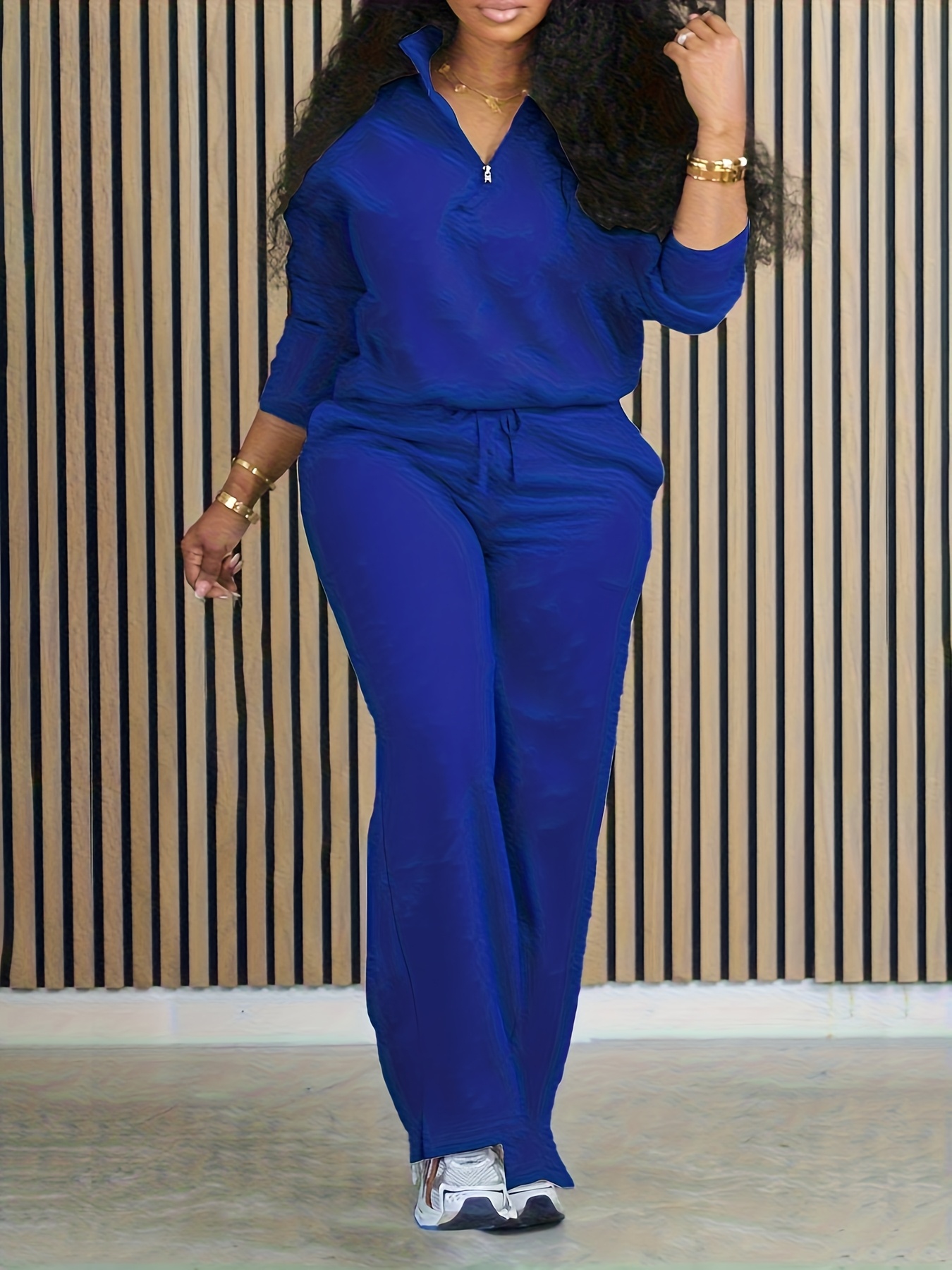 womens solid color two piece casual long sleeve front zipper sweatshirt with drawstring straight leg pants swear set Product details 6