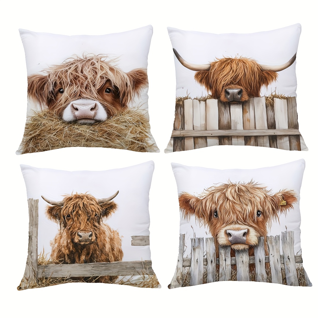 Image of 4pcs Set, Double-sided Printed Pillowcases, Watercolor Highland Cow Illustration Pillowcases, 45*45cm, Home Decor Pillowcases Suitable For Living Room Sofa And Bedroom, Pillow Inserts Not Included