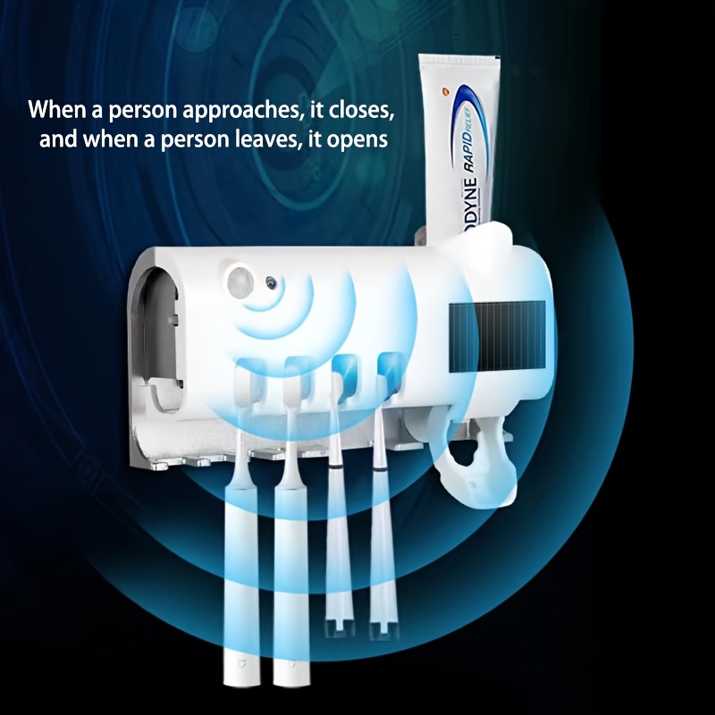 senbowe usb rechargeable smart toothbrush holder with blue light sterilizer uv ray photo technology non punch wall mounted design 18650 lithium battery multi functional toothbrush storage box for bathroom organization usb rechargeable holder modern toothbrush holder materials details 1