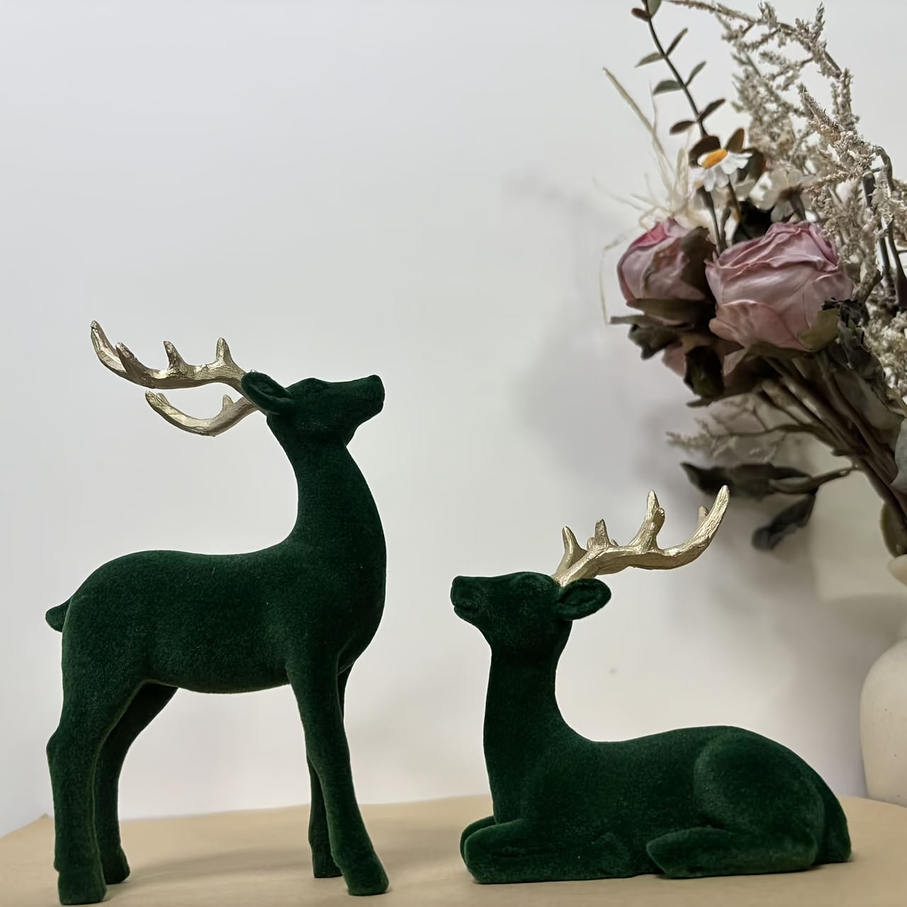 TEMU 2pcs Set Of Dark Green Velvet Reindeer Ornaments, Standing And Lying With , Christmas Home Tabletop Decor, Christmas Table, Fireplace, Entrance,