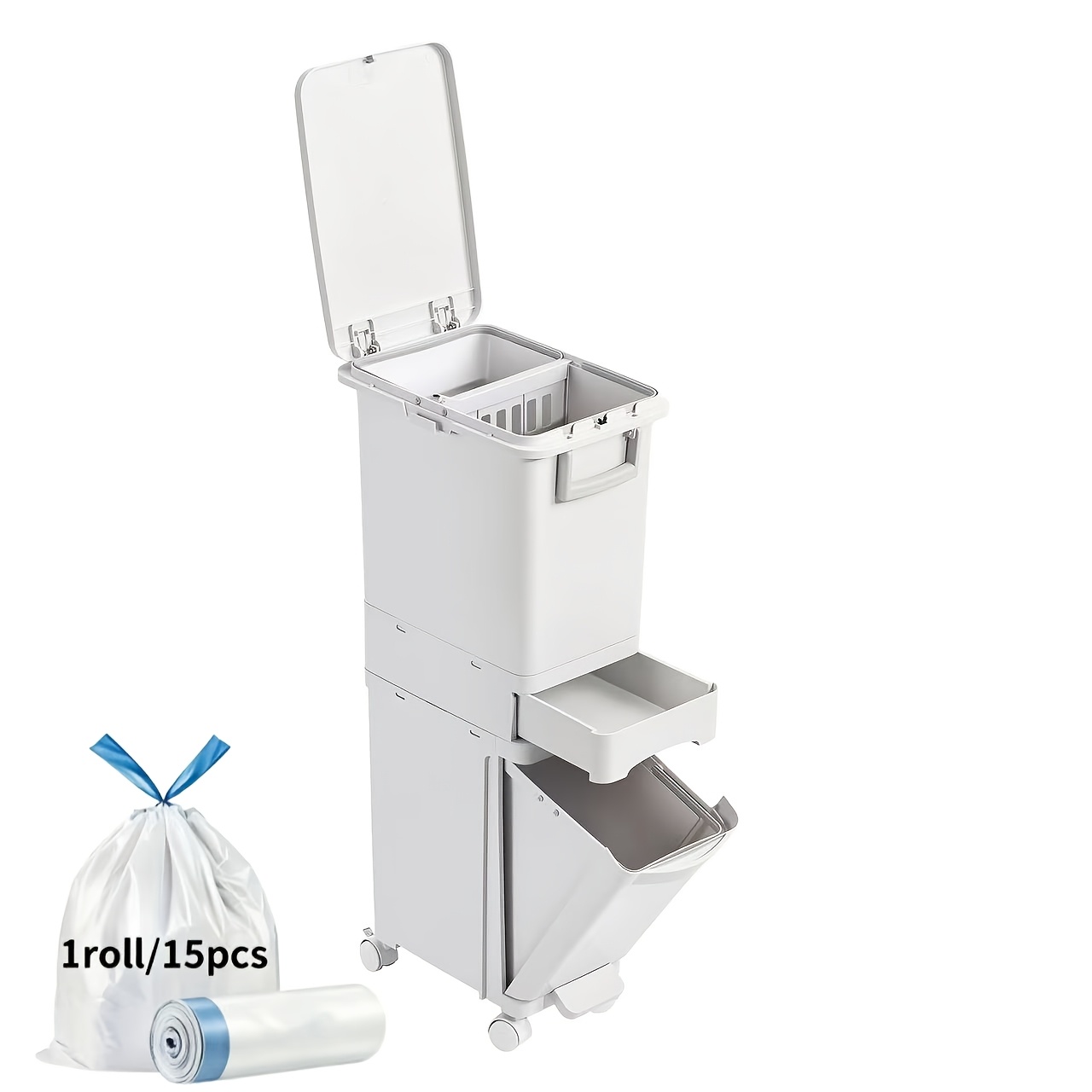Image of 32l 3 Layer Narrow Trash Can, Slim Covered Waste Container, Large Capacity Dual Compartment Design, Wet And Dry With Wheels And Handles, Pedal Operated Recycling Bin For Kitchen Home And Bathroom Use