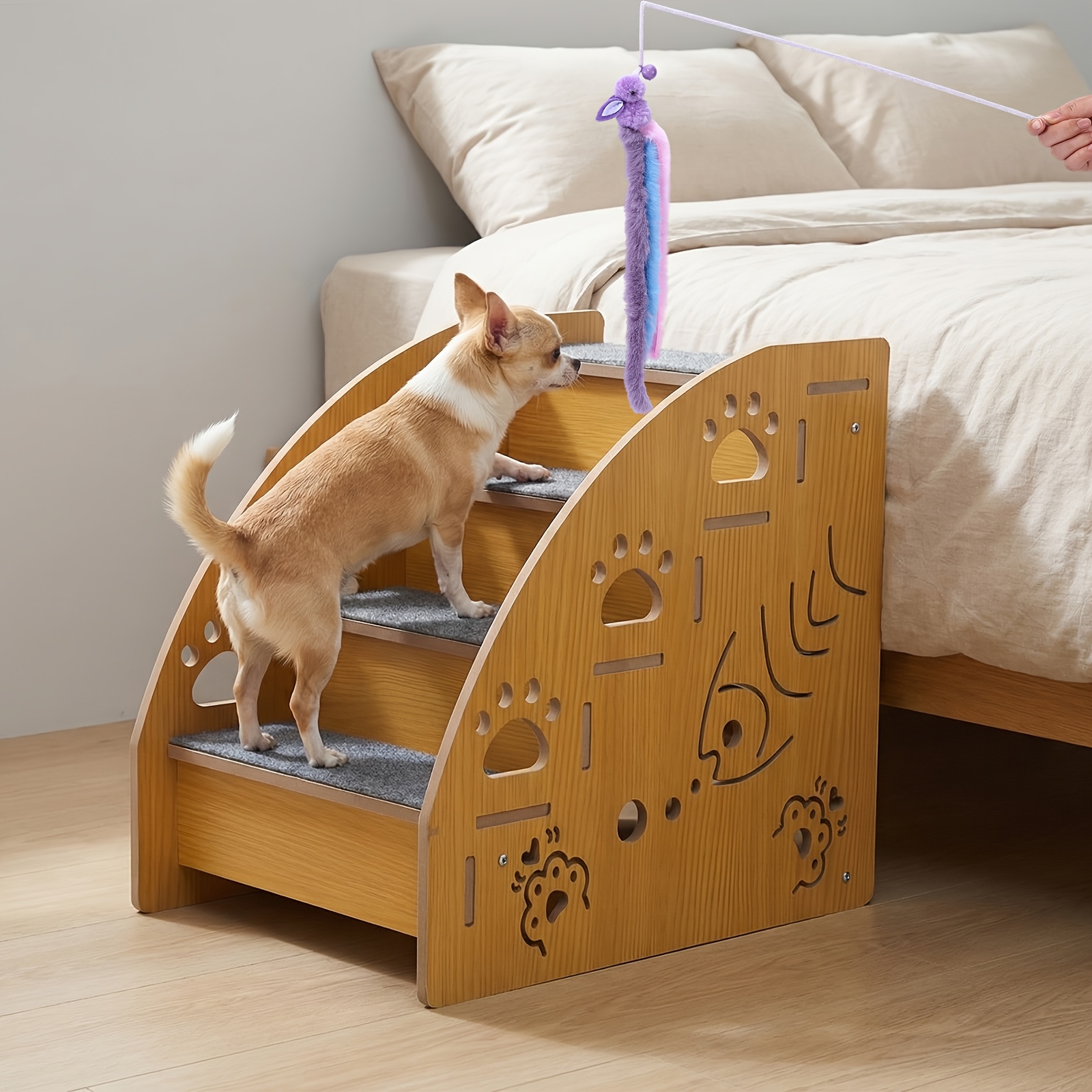 Image of Pet Stairs, 3 Or 4 Layers Height Optional, Includes A Cat Wand, Low-step Gentle Slope Tread, Small Assistance Ramp, Natural , Universal Stairs For Bed, Sofa, And Windowsill
