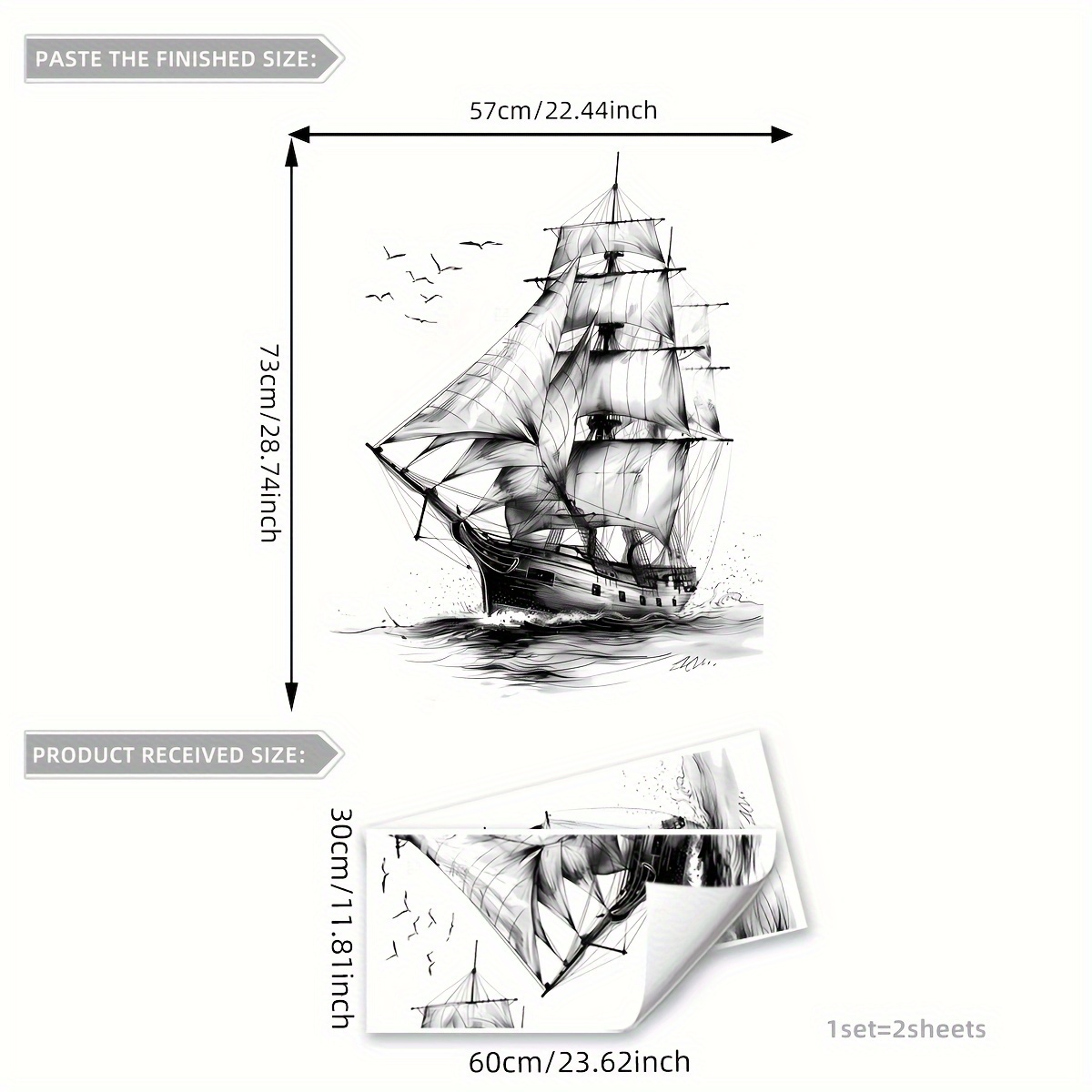 Image of A Set Of 2 Sheets (30*60cm*2pcs) Creative Easy Sailing Sailboat Seagull Background Wall Stickers Bedroom Living Room Decoration Self-adhesive Removable (ms7212-yc)