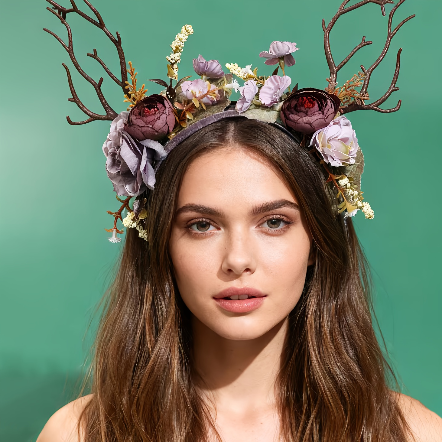 1 Small Fresh Style Antler Purple Headband Headdress Simulation Artificial Flower Branch Wreath Photo Decoration Props Hair Additions