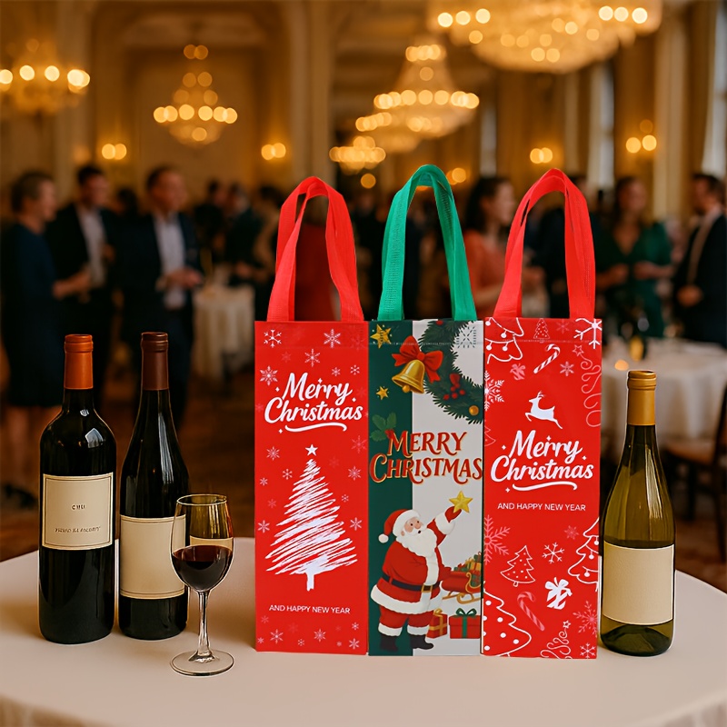 24pcs and 12pcs Elegant Christmas Red Wine Champagne Gift Bag Set - Heavy-Duty Non-Woven Reusable Bottle Sleeve, Festive Design in red/green with Snowflake, Deer & Bell Patterns, Durable Material for Holiday Parties, New Year's Eve, Birthdays, Weddings etc. Large Capacity