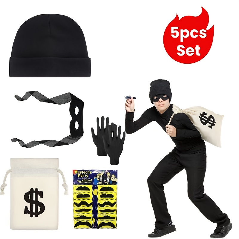 

5pcs Set Of Robber Costumes, Very Suitable For Themed Parties, Such As Halloween, Christmas, Thanksgiving, Easter, Birthday Parties, Drama Performances And Stage Props Dressing Activities