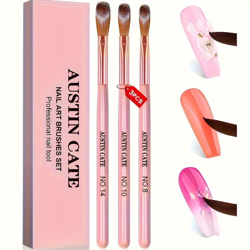 

3pcs Austin Acrylic Nail Brush Set - Sizes 8, 10, 14 For Professional Nail Extensions & 3d Carving, Pink Handle With Golden , Professional Manicure Kit|elegant | Acrylic Brushes, Nail Accessories