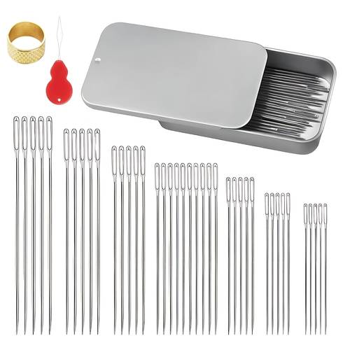 large eye steel sewing needle kit 40 sewing needles needle threader push pull iron box storage 2026 stainless sewing needles size 7 leather embroidery needles sewing needles for repair and quilting
