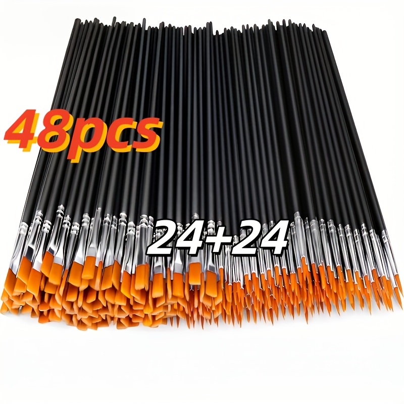 TEMU 48 Black Nylon Brushes, Flat And Round Ends, For Acrylic, Oil Painting, Watercolor, Canvas, Rock, And Nail For Art - A Professional Kit For